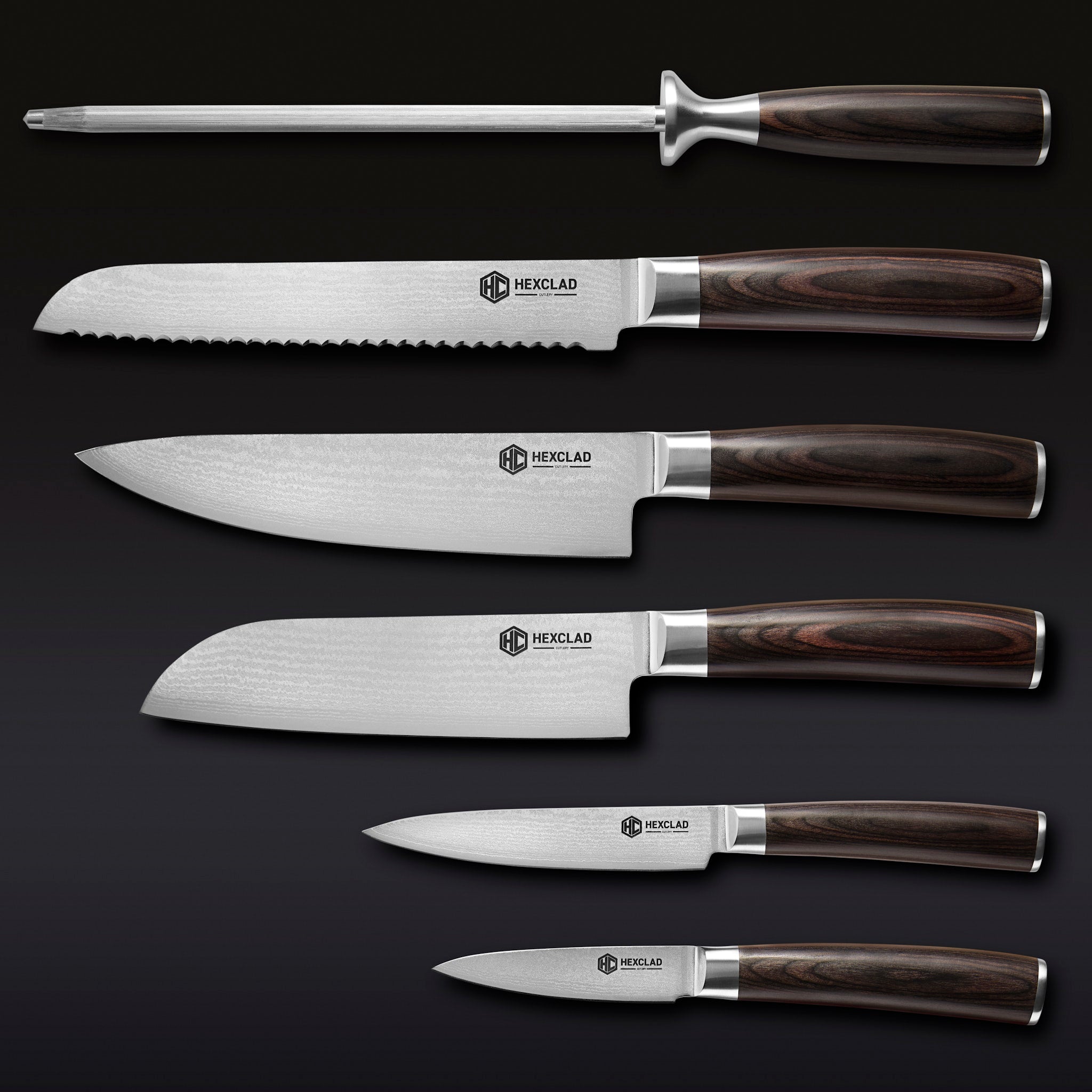 Damascus Steel Knife Set. 6-pc (Espresso)