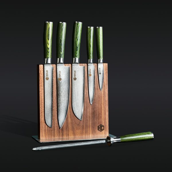 HexClad_6PCDamascusSteelKnifeSetwithBlock_Black_082624_RS_01.jpg Damascus Steel Knife Set. 7-pc (Green)