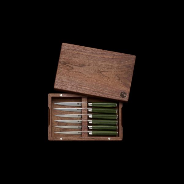 HexClad_GreenDamascusSteelSteakKnife6PCBoxedSet_CTSTK06-GPW-ST_OpenBox_Black_022426.jpg Damascus Steel Steak Knife Boxed Set. 6-pc (Espresso)
