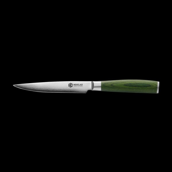HexClad_GreenDamascusSteelSteakKnife6PCBoxedSet_CTSTK06-GPW-ST_Overhead_Black_022426.jpg Damascus Steel Steak Knife Set. 8-pc (Green)