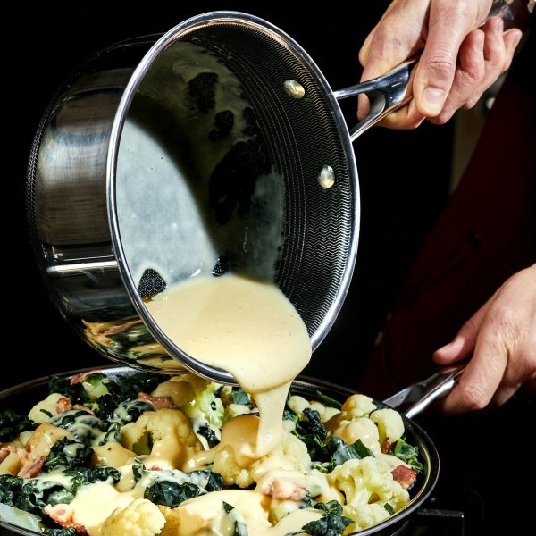 HexClad_Hybrid2QtPot_CWPTLD02-C_CauliflowerCheese_041724_KF_02_SQUARE.jpg Hybrid Saucepan With Lid. 2-Qt