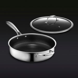 Hexclad_33QtPan_34View_LidCorner_BLACK.jpg Hybrid Deep Sauté Pan with Lid. 3.3-Qt