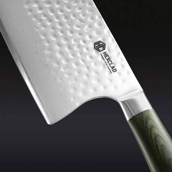 Hexclad_7InchCleaver_Detail2.jpg Damascus Steel Cleaver. 7″ (Green)