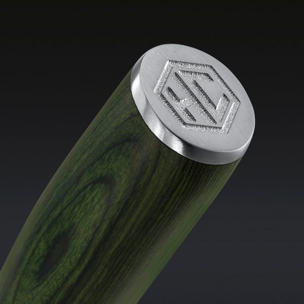 Hexclad_BreadKnife_Detail1-1.jpg Damascus Steel Serrated Bread Knife. 8″ (Green)