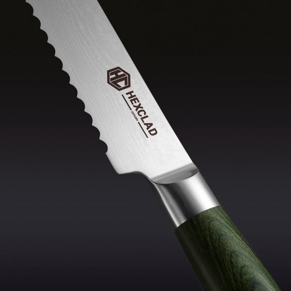 Hexclad_BreadKnife_Detail2.jpg Damascus Steel Serrated Bread Knife. 8 (Green)