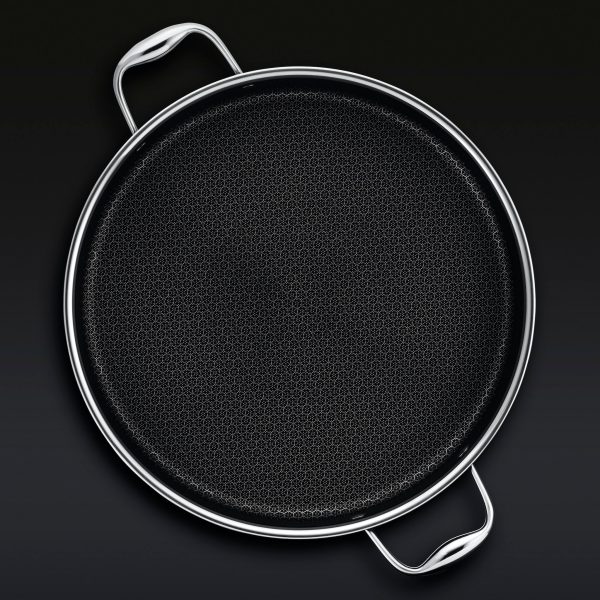 Hexclad_ChickenFryer_Overhead_Handle_BLACK.jpg Hybrid Deep Saut Pan/Chicken Fryer with Lid. 7-Qt