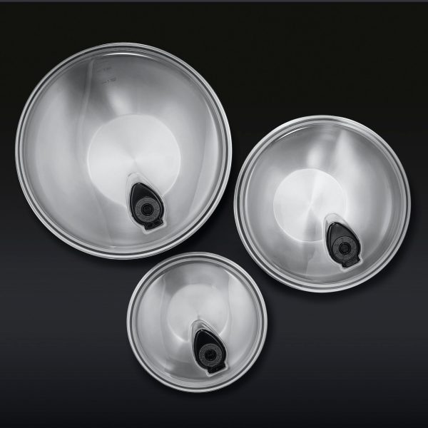 Hexclad_MixingBowls_Overhead_LIDS_BLACK.jpg Stainless Mixing Bowl Set with Vacuum Seal Lids. 6-pc