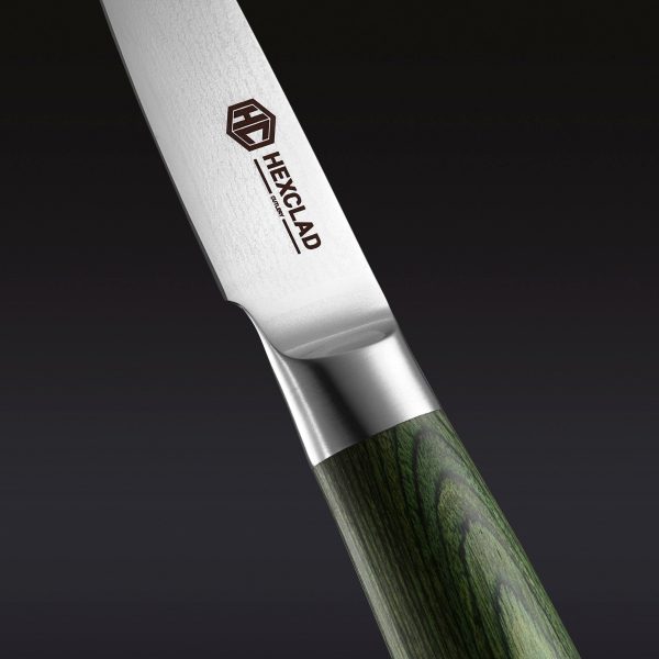 Hexclad_ParingKnife_Detail2.jpg Damascus Steel Paring Knife. 3.5″ (Green)