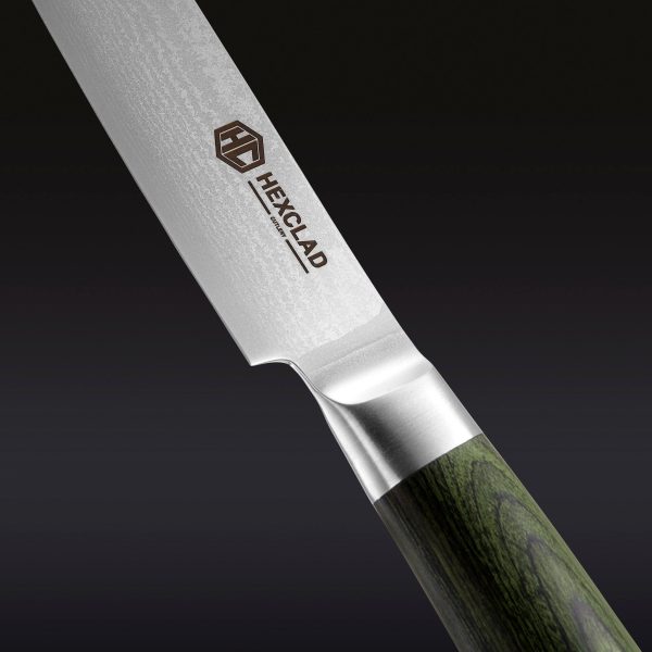 Hexclad_UtilityKnife_Detail2.jpg Damascus Steel Utility Knife. 5″ (Green)